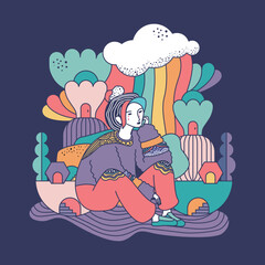 Sad woman illustration with fantasy drawing, illustration print