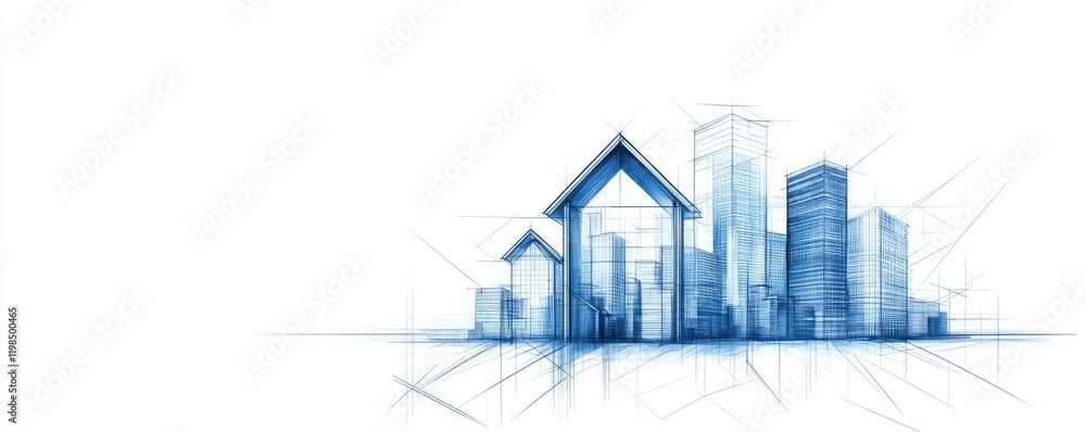Poster engineer sketching idea. stylized architectural blueprint illustration of modern cityscape and build