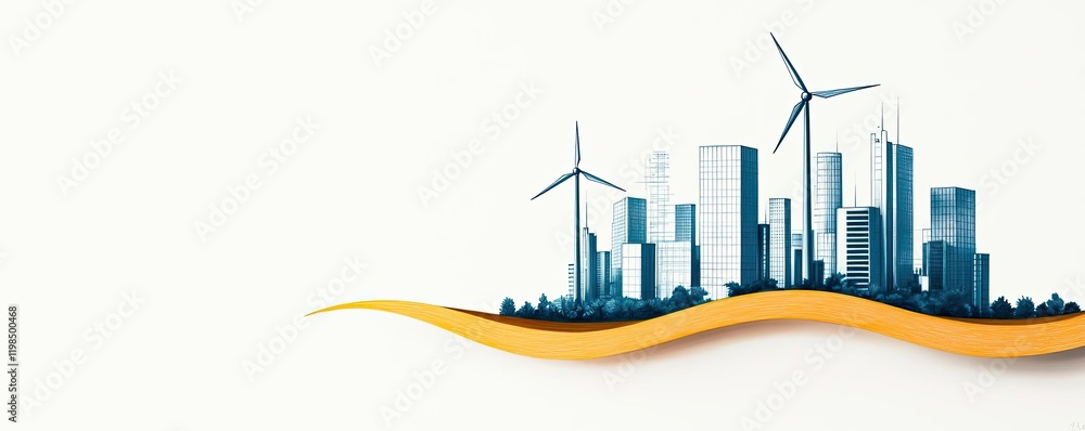 Poster engineer sketching idea. modern city skyline with wind turbines and a wave design for eco-friendly t