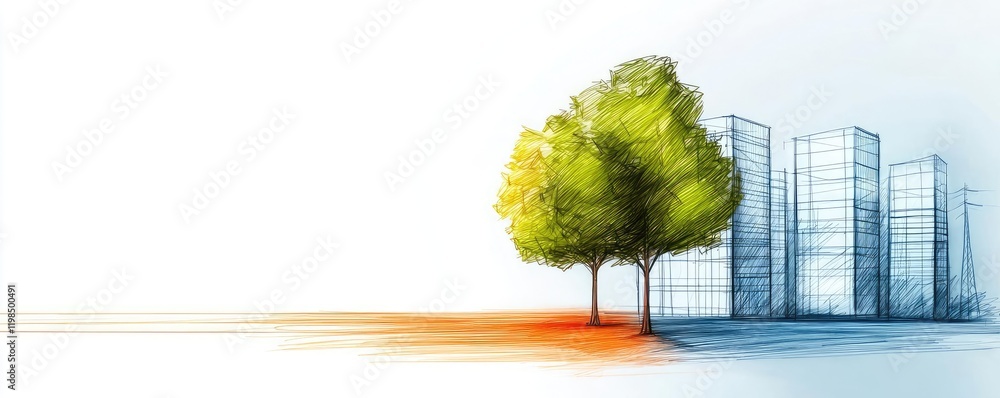 Poster engineer sketching idea. a vibrant illustration of green trees contrasting with modern skyscrapers.