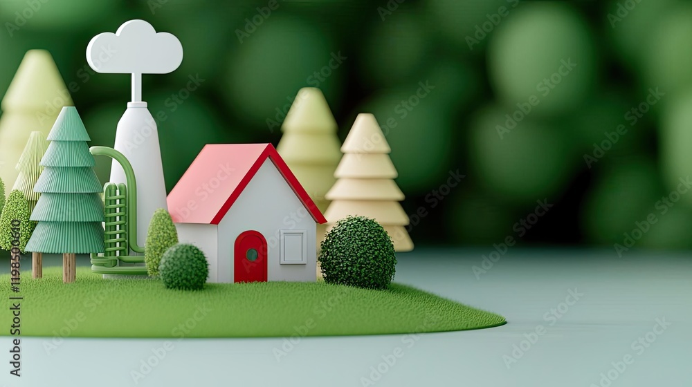 Poster engineer blueprint concept. colorful miniature landscape featuring a house and trees on a green base