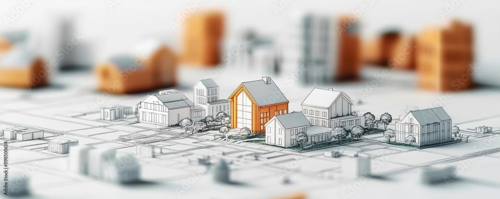 Poster Engineer project concept. A close-up of a miniature building model showcasing diverse architecture and design.