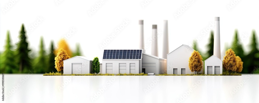 Poster engineer sketching idea. miniature industrial factory model with solar panels and green surroundings