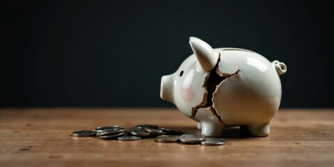 A broken ceramic piggy bank rests on a wooden surface, with scattered coins nearby, symbolizing financial hardship and the fragility of savings
