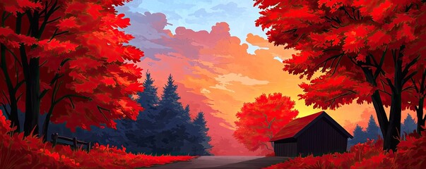 A vibrant autumn landscape featuring a cozy cabin surrounded by striking red trees under a colorful sky at sunset.
