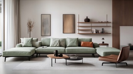 Fototapeta premium Sophisticated living room featuring a mint green sofa, white walls, and wooden shelves. Modern and warm interior design.