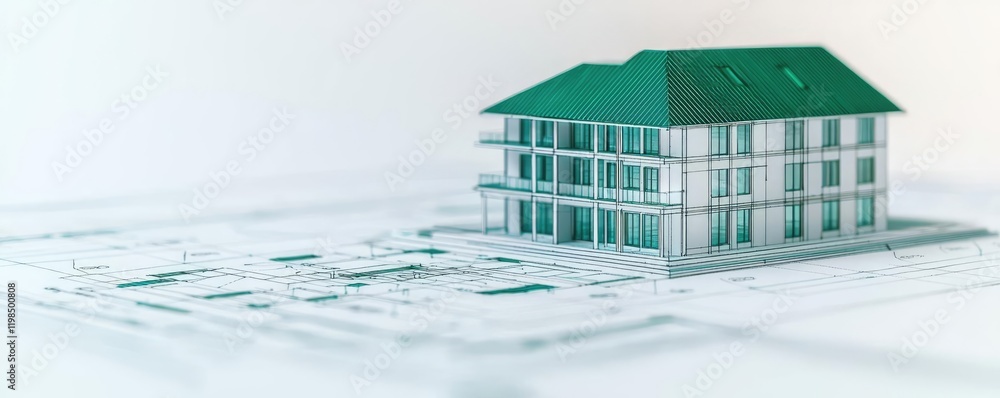 Poster engineer sketching idea. a detailed architectural model of a modern building with green roof accents