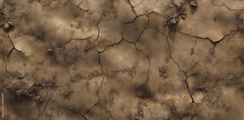Poster dry and barren ground surface with deep cracks, jagged rocks, and uneven texture creating a rough la
