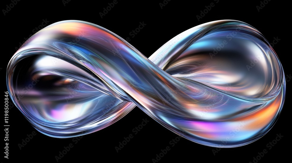 Poster dynamic abstract digital art with curved metallic lines in vibrant rainbow colors on black backgroun