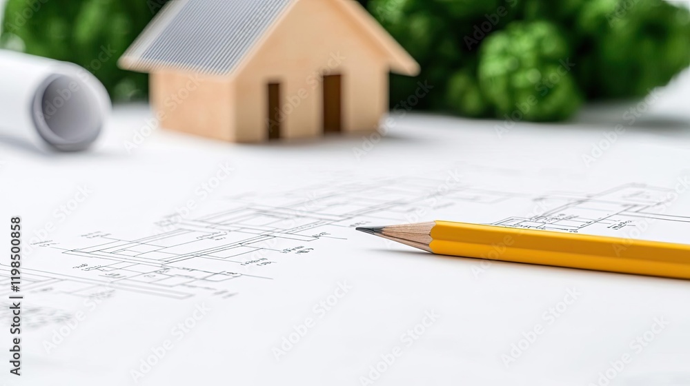 Poster engineer blueprint concept. wooden model house on architectural blueprints with a pencil and greener