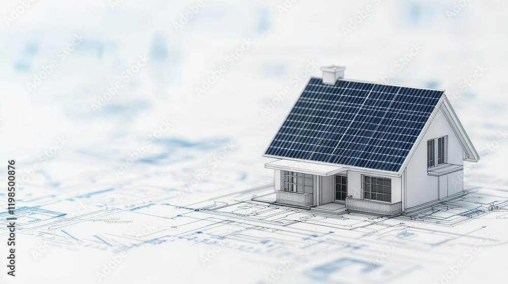 Poster engineer blueprint concept. a model house with solar panels on a blueprint background, showcasing su