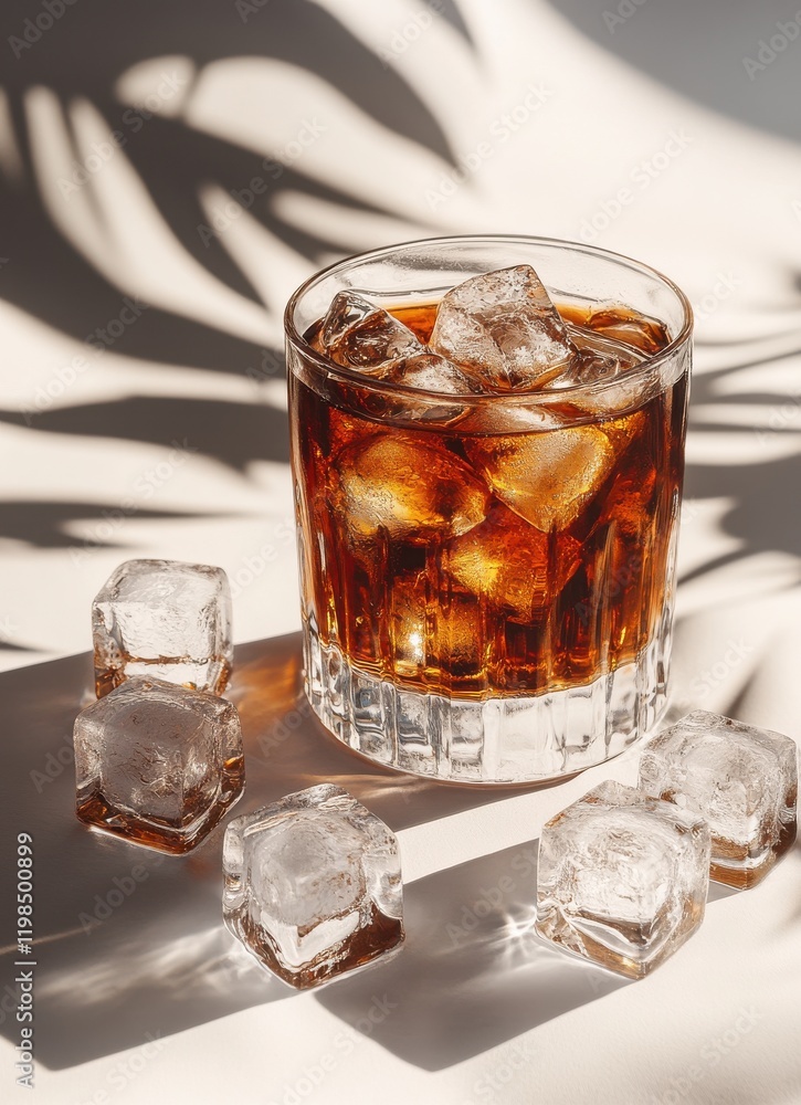 Poster refreshing glass of dark beverage with ice cubes surrounded by shadowy palm leaves on a light backgr