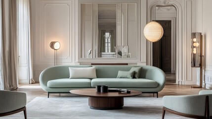 Stylish living room with a mint green sofa, white walls, and modern lighting fixtures. Cozy yet chic ambiance for relaxation.