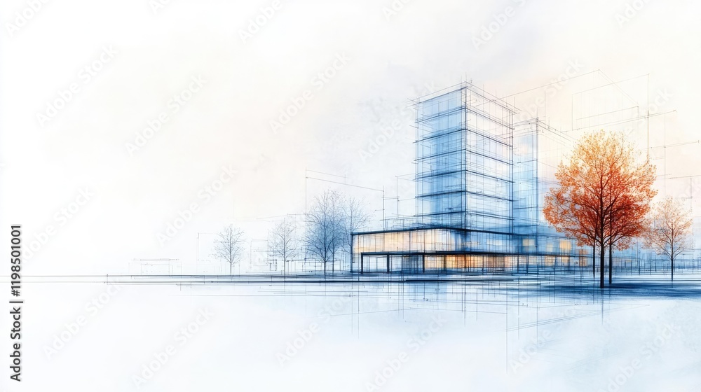 Poster engineer sketching idea. a modern architectural sketch featuring a vibrant urban landscape with tree