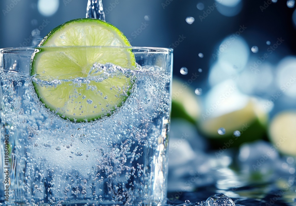 Poster refreshing glass of sparkling water with fresh lime slice and bubbles in a cool environment for beve