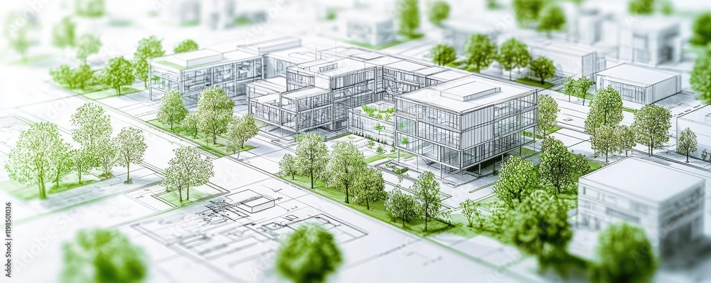 Poster Engineer blueprint concept. Aerial view of a modern architectural model surrounded by greenery and planning features.