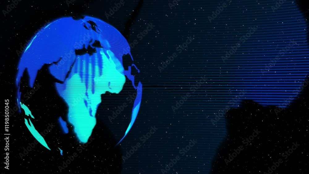 Poster rotating blue globe with a digital line effect on a dark background.