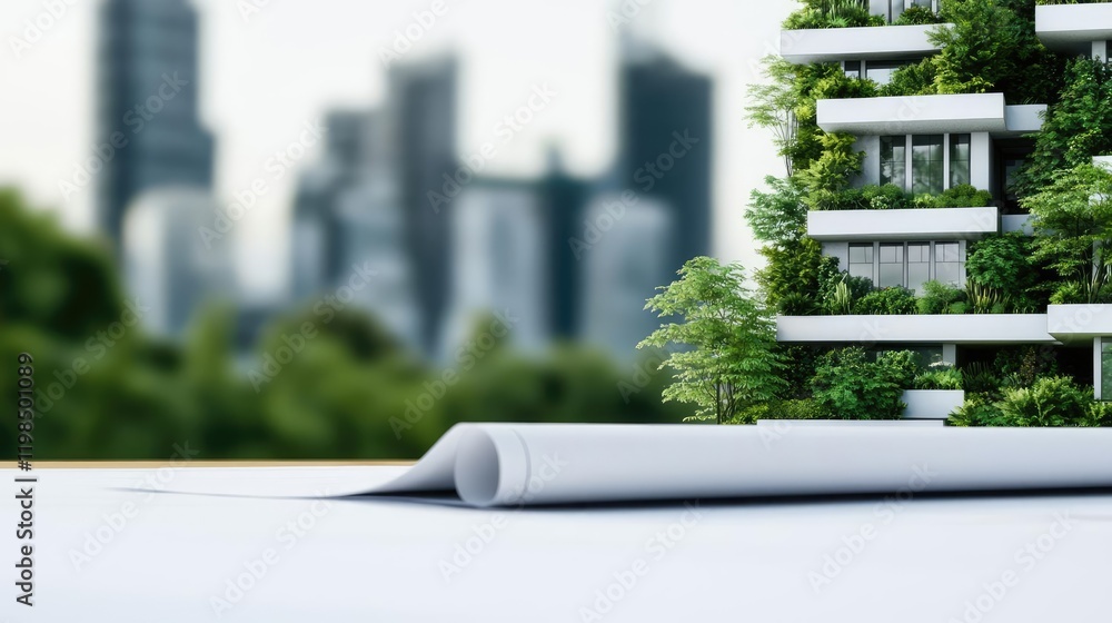 Poster Engineer sketching idea. Modern architectural blueprint showcasing eco-friendly building design with greenery.