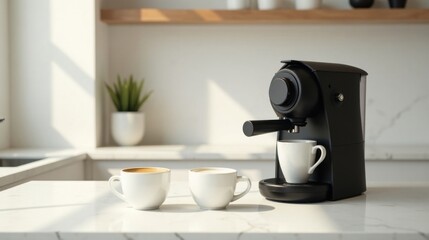 Morning coffee preparation in a minimalist kitchen featuring a sleek espresso machine and two cups of freshly brewed coffee, bathed in warm sunlight.