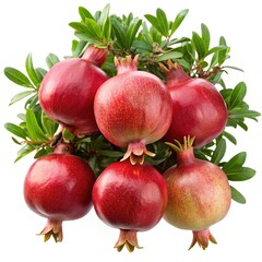 Cluster of pomegranates with vibrant leaves - A bundle of ripe red pomegranates with glossy skin, surrounded by fresh green leaves, symbolizing natural health and vibrancy.  
