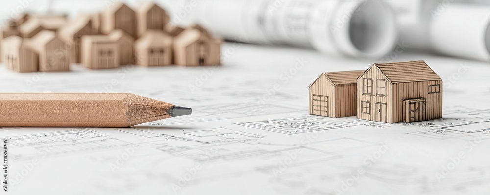 Poster engineer sketching idea. architectural planning with wooden house models and pencil on blueprints.