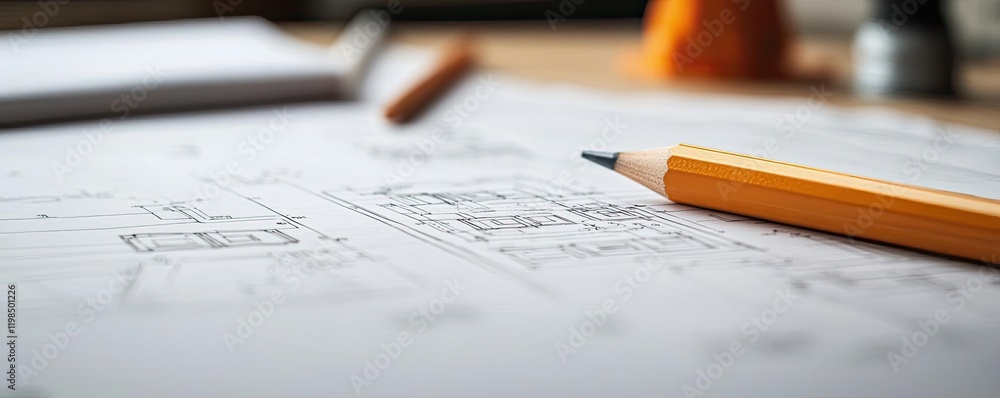 Poster Engineer sketching idea. Close-up of architectural drawing with pencil and plans on the workspace table.