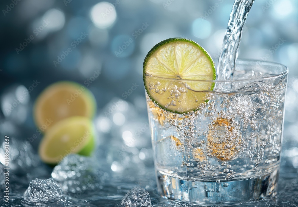 Poster refreshing sparkling water with lime slice in glass against a bokeh background featuring ice cubes a