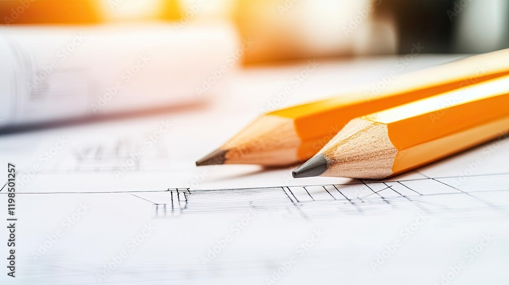 Poster engineer project concept. two orange pencils lying on blueprints, symbolizing creativity and archite
