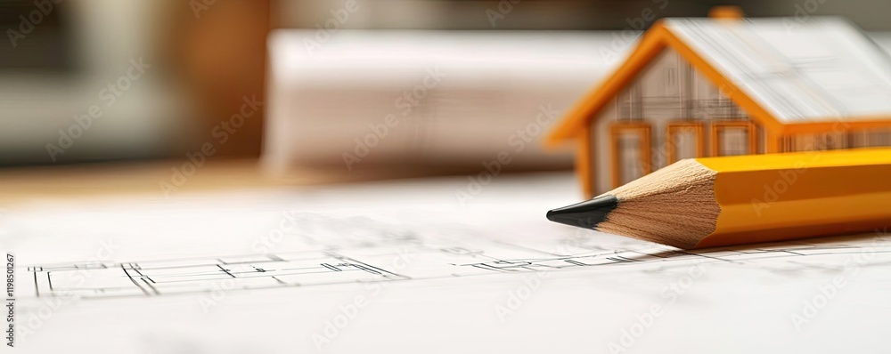 Poster engineer sketching idea. a close-up of architectural plans with a pencil and a model house on a draw