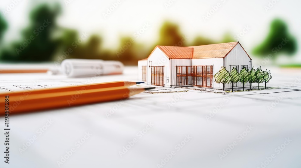 Poster engineer project concept. a detailed architectural model showcasing a modern house design with green