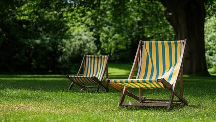 Relaxing on Striped Deck Chairs in a Sunny Green Park, Enjoying Tranquil Outdoor Leisure