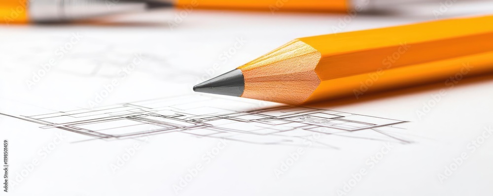 Poster Engineer project concept. Close-up of an orange pencil resting on architectural sketches on white paper.