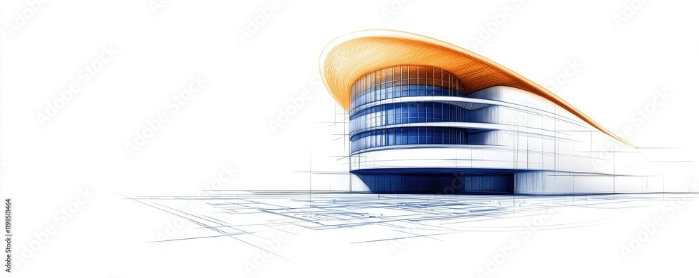 Poster Engineer project concept. Modern architectural design featuring a sleek building with dynamic curves and colors.