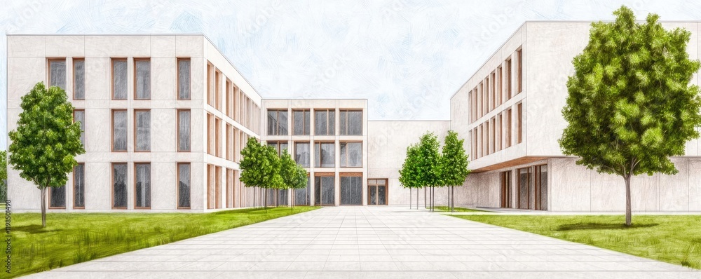 Poster engineer blueprint concept. modern architectural design featuring spacious buildings and greenery.