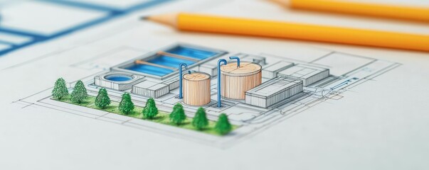 Engineer sketching idea. An architectural blueprint showcasing a modern industrial facility with storage tanks.