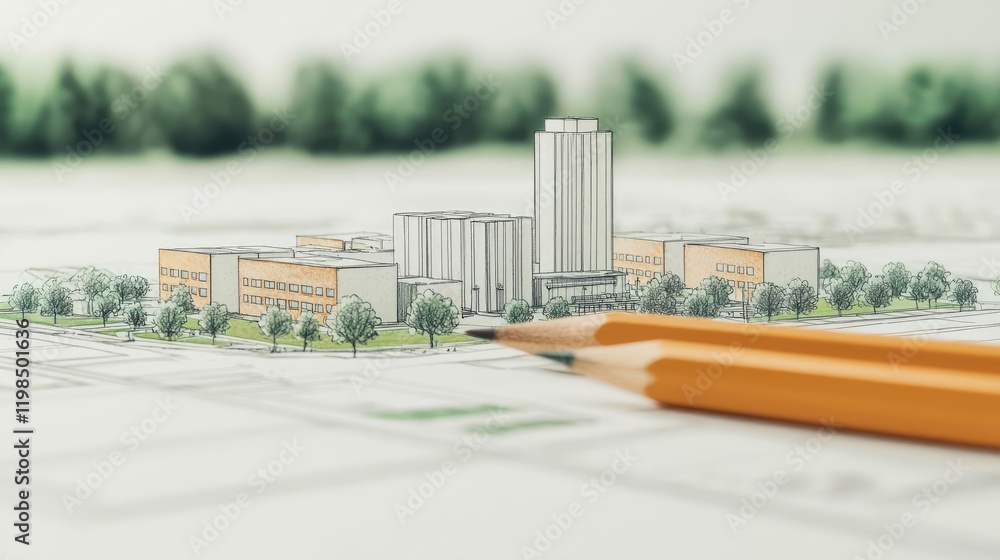Poster Engineer blueprint concept. Detailed architectural design sketch showcasing modern building layout and landscape.