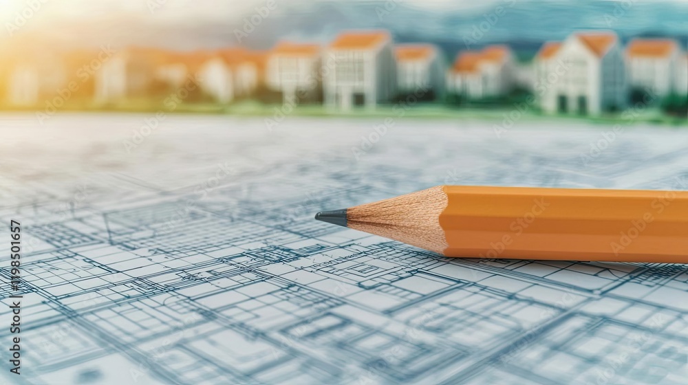 Poster Engineer blueprint concept. Close-up of a sharpened pencil resting on a detailed architectural blueprint.