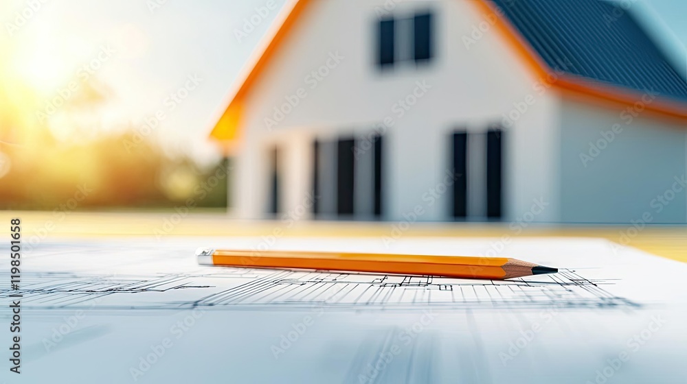 Poster Engineer project concept. A close-up of a pencil on blueprints with a house in the background, illuminated by sunlight.