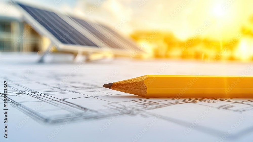 Poster engineer project concept. close-up of a pencil on blueprint with solar panels in the background, sym