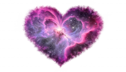A luminous heart-shaped nebula in vivid pink and purple hues, sprinkled with shimmering stars and glowing softly on a white transparent background PNG.