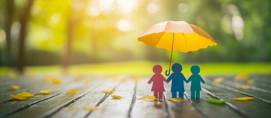 Family figures under yellow umbrella, autumn leaves, wooden background.
