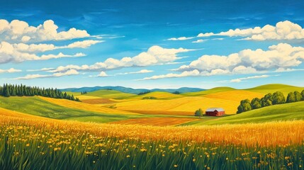 Obraz premium Sunny rural landscape with rolling hills, golden fields, and a red barn under a blue sky.