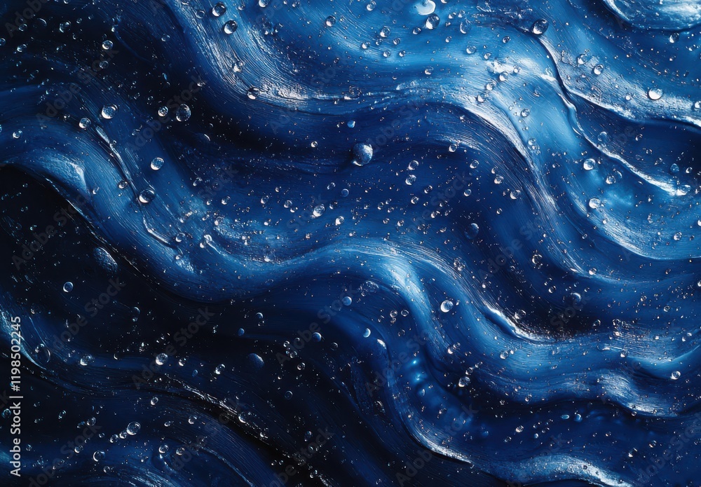 Poster unique close-up of abstract blue waves with water droplets on surface, creating a stunning visual te