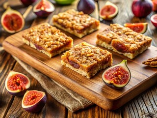 Aerial View of Homemade Oatmeal Fig Bars on Rustic Wooden Board