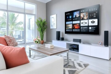 A modern living room featuring a large TV, stylish furniture, and a bright atmosphere with natural light and greenery.