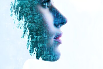 A woman's face is shown in a blue and white color scheme