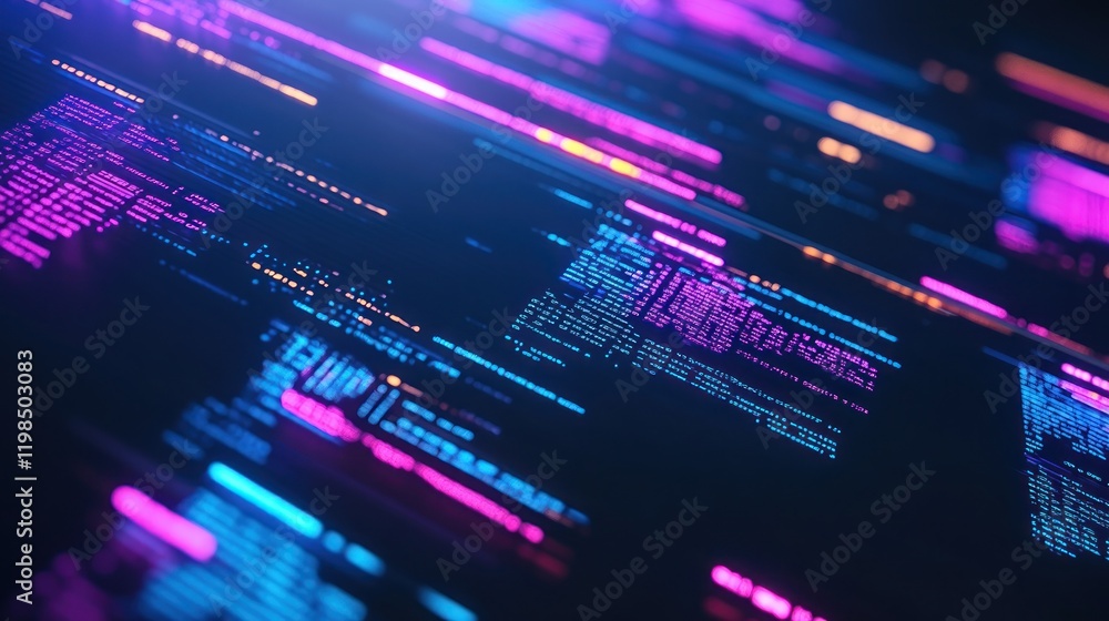 Poster abstract digital code: neon hues and data streams