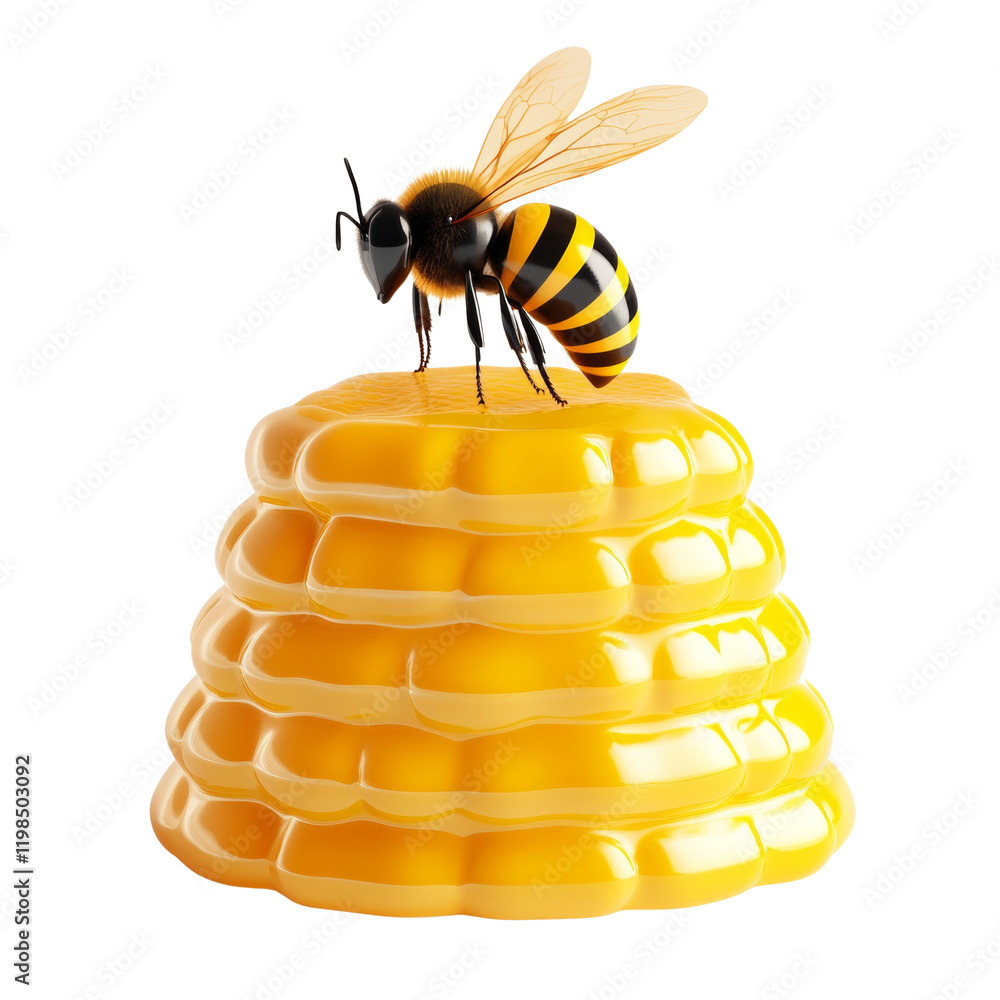 Poster A realistic 3D rendering depicts a honeybee perched on a shiny, golden honeycomb structure.