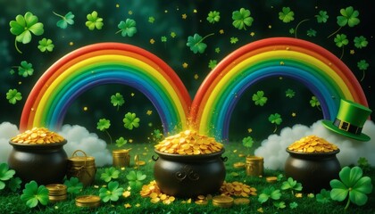 Shamrocks, pots of gold, leprechaun hats, and rainbows with a festive green theme