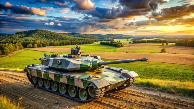 Aerial View of Military Tank, Armored Vehicle in Field Training Exercise